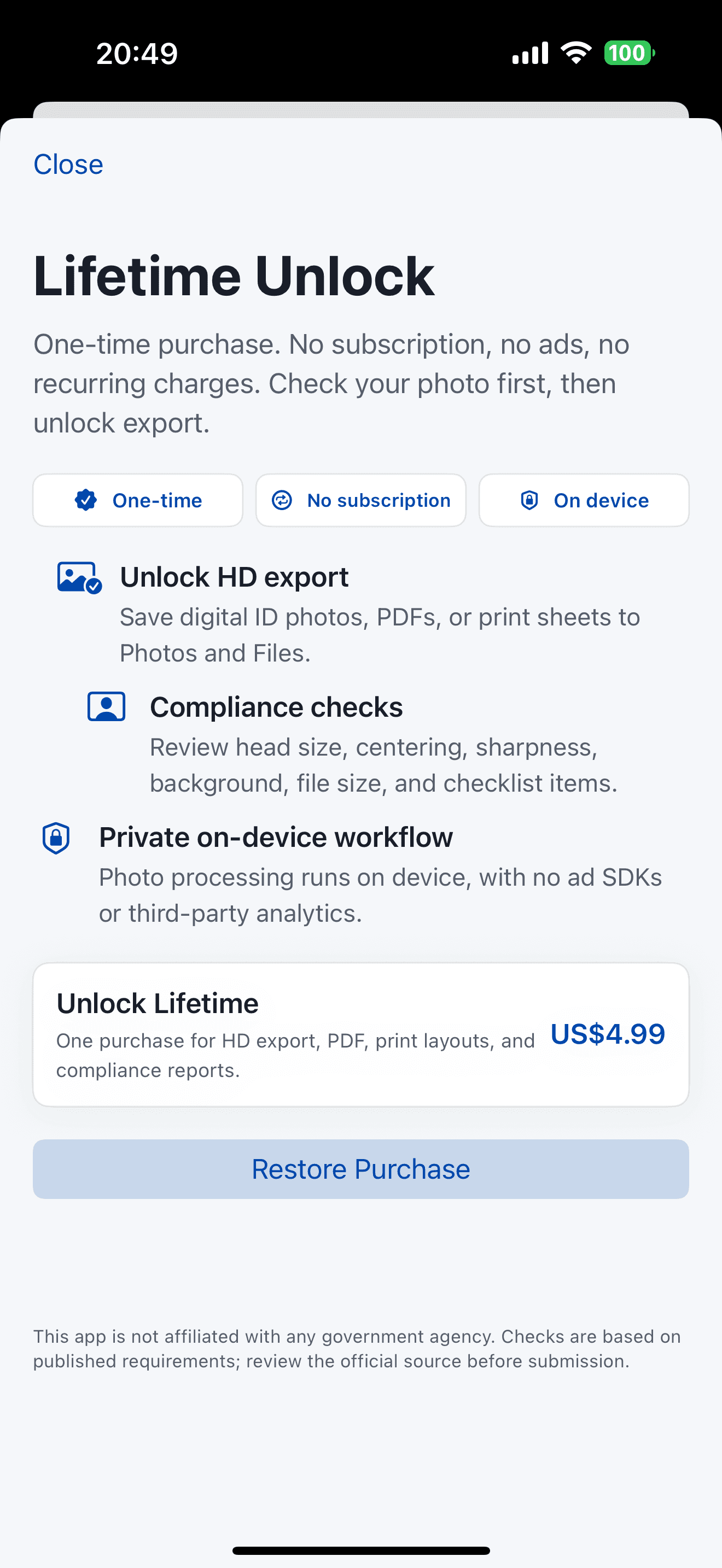 IDPhoto Pro lifetime unlock screen
