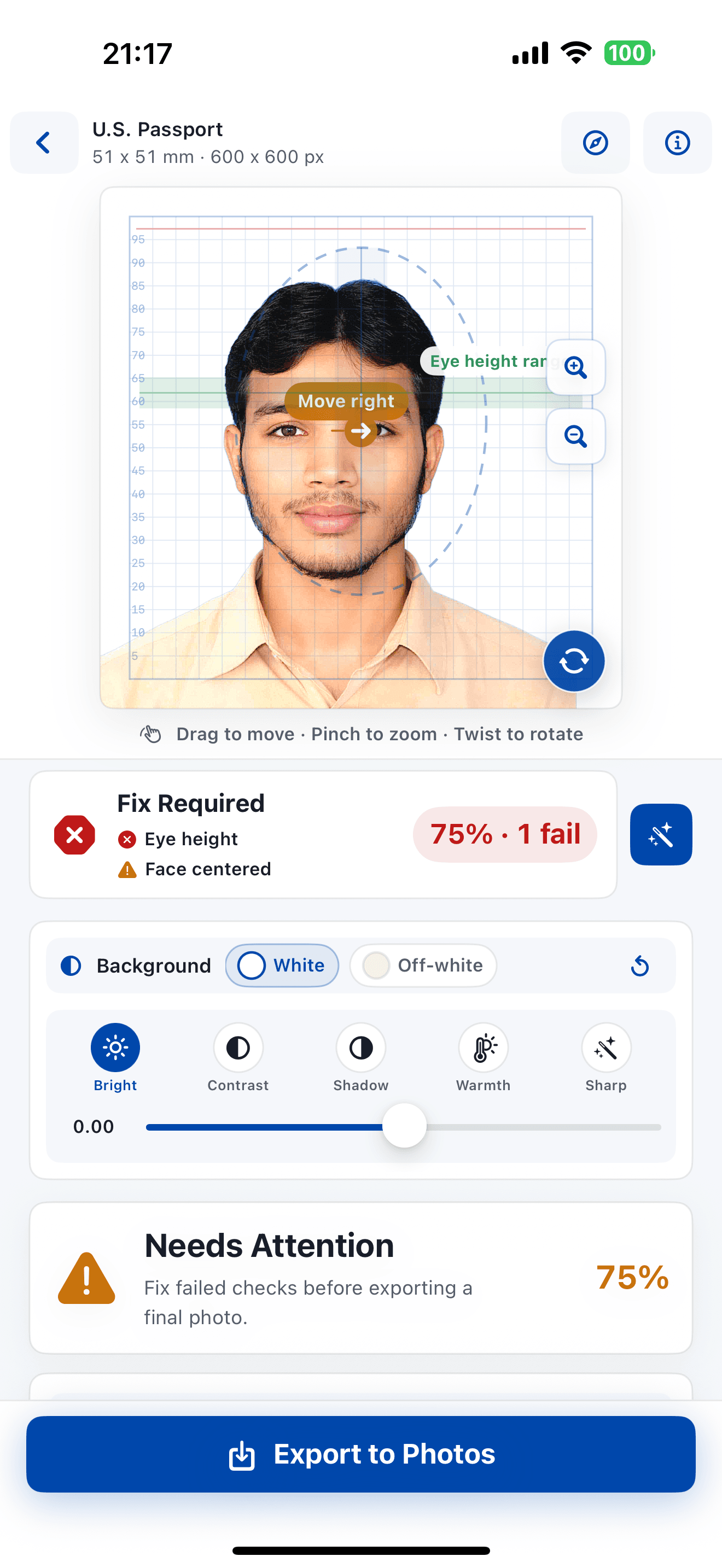 IDPhoto Pro smart check score and issue summary