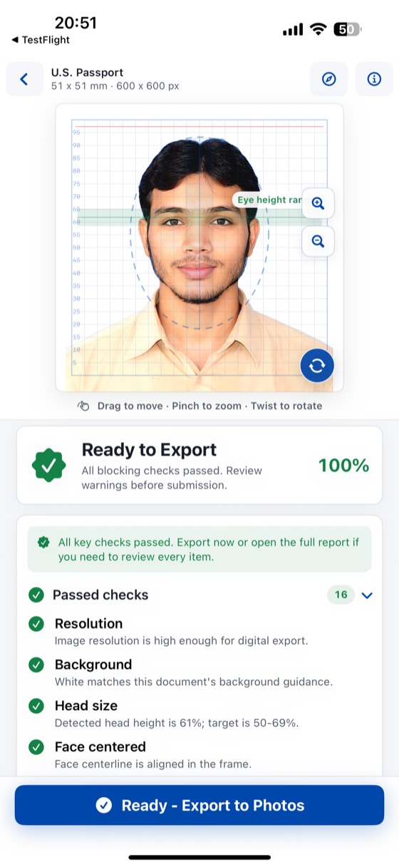 An ID photo being checked and adjusted in IDPhoto Pro